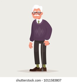 Grandfather wearing glasses. An elderly man with a cane in his hands. Vector illustration in cartoon style