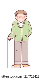 A grandfather wearing a hunting cap and standing with a cane. Cute style round face character. outline simple vector illustration.