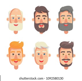 Grandfathers face collection, grandparent with beard and moustache, head set having smiling, positive expression, isolated on vector illustration