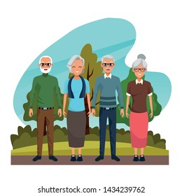 Grandfathers and grandmothers couples in park with nature cartoon vector illustration