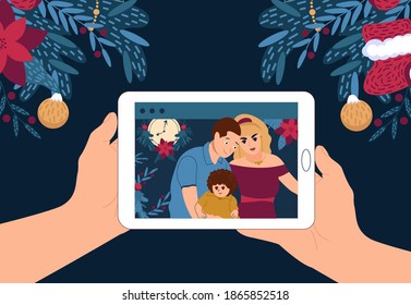 Grandfather's hands are holding a tablet with a video chat. Parents communicate with their family online for Christmas and New Year. Flat vector illustration