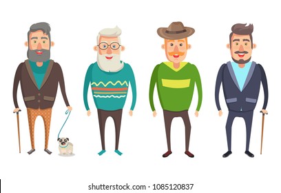 Grandfathers holding walking stick, walking dog, grandparent wearing hat and smiling positively, mens expressions collection, vector illustration