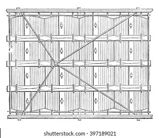 Grandin raft captain horizontal projection, vintage engraved illustration. Magasin Pittoresque 1870.