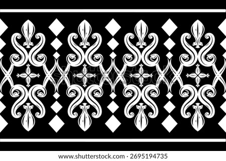 Grandiose baroque decorative stripe pattern with intertwined scroll shapes and diamond accents in monochrome palette. Delicate exquisitely hand drawn for filigree, printed ribbons, product labels, rug