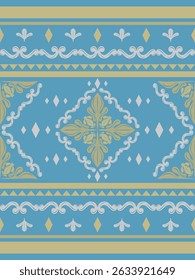 Grandiose Delicate Exquisitely Medieval Golden Silk Weaves and Silver on Royal Blue Background. Traditional Baroque Geometric Design for Border Pattern Embroidery Lace Packaging Branding Cover Scarf