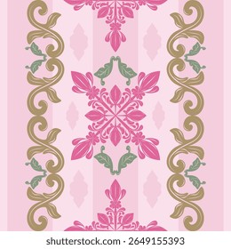 Grandiose Filigree Royal Gold Pink Green Jade Florals Heaven Imagination Mythology Inspired Seamless Border Pattern for Elaborate Rich Luxury Design, Embroidery Handicraft Sweet Feminine Lady Garment
