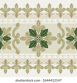 Grandiose Flourish Deep and Light Green Scroll Ornament Baroque Victorian Style Seamless Border Pattern Elegance Fleur de lis Damask For Rich Royal Design wallpaper garment ceramic carpet fabric batik