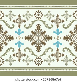 Grandiose Luxury Scroll Ornament Brown Embroidery Rich Border. Elegance Freak Seamless Pattern Vector Florals Petals Design on Green Khaki Background Elaborate Decoration Silk Weaves Fabrics Wallpaper