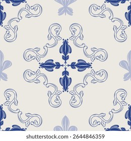 Grandiose Mythology Heavenly Hand Drawn Inspired Seamless Pattern. Royal Blue Scroll Ornament Motif Repeat Detailed Fleur de lis Baroque Style for Branding Tiles Ceramic Mosaic Vintage Elegance Museum