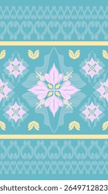 Grandiose Thai Silk Luxury Ornament Style Abstract Pink Hibiscus Meadow with Beautiful Scroll Ornament Yellow Blue Pastel Pale Version. Classic Ancient Medieval Oriental Blossom Embroidery Textile Rug