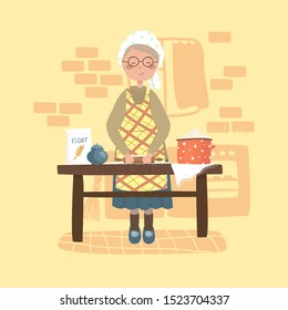 Grandma bakes pies in the kitchen. Dough and flour are on the table. Vector illustration in cartoon style.