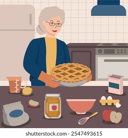 Grandma baking apple pie in the kitchen with baking ingredients and utensils