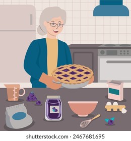 Grandma baking blackberry pie in the kitchen