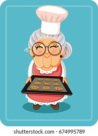 Grandma Baking Chocolate Chips Cookies Vector Illustration - Vector  illustration a cute granny with a tray of sweets 
