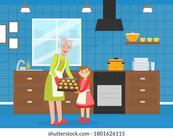 Grandma Baking Cookies with her Granddaughter, Elderly Woman Spending Time at Home with her Grandchild, Girl Stayed with her Grandma for Weekend Cartoon Vector Illustration