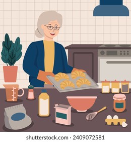 Grandma baking croissants in the kitchen illustration.
