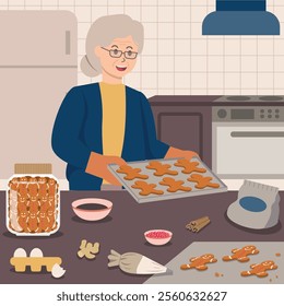 Grandma baking gingerbread man cookies in the kitchen. Christmas themed illustration.