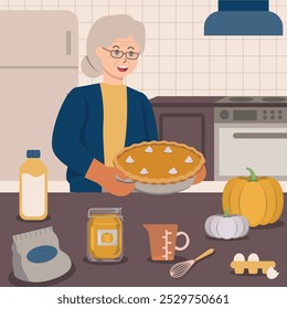 Oma backen Kürbiskuchen in der Küche flache Illustration