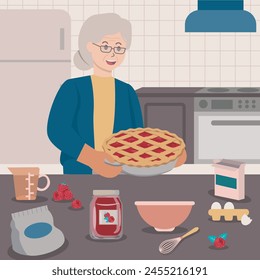 Grandma baking raspberry pie in the kitchen illustration