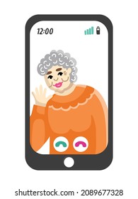 Grandma calls her grandchildren on her smartphone and waves to them. Video call via the app in gadgets