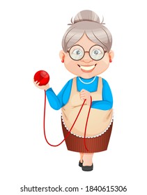 Grandma cartoon character holding a ball of wool. 8 March, Happy Grandparents Day. Old cute woman. Vector illustration.