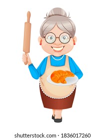 Grandma cartoon character holding plate with tasty croissants. 8 March, Happy Grandparents Day. Old cute woman. Vector illustration.