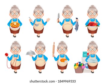 Grandma cartoon character, set of eight poses. 8 March, Happy Grandparents Day. Old cute woman. Vector illustration.