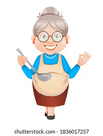 Grandma Cartoon Character Tasting Food. 8 March, Happy Grandparents Day. Old Cute Woman. Vector Illustration.