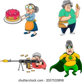 Grandma Cartoon Characters. Vector Collection Set Isolated On White Background