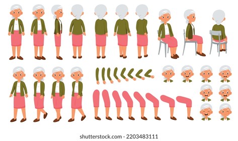 Grandma character constructor for animation. Beautiful retired elderly woman with gray hair. Set of elements of arms, legs and emotions. Cartoon flat vector collection isolated on white background