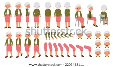 Grandma character constructor for animation. Beautiful retired elderly woman with gray hair. Set of elements of arms, legs and emotions. Cartoon flat vector collection isolated on white background