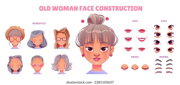 Grandma character face construction for animation. Granny game avatar creation with emotion, mouth, eyes and hairstyle cartoon vector set. Female elderly head generator kit on white background.