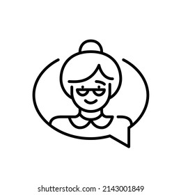 Grandma chatting. Nice older woman wearing glasses and a bun. Pixel perfect, editable stroke line icon