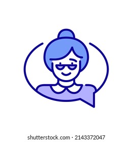 Grandma chatting. Nice older woman wearing glasses and a bun. Pixel perfect, editable stroke blue and purple line icon