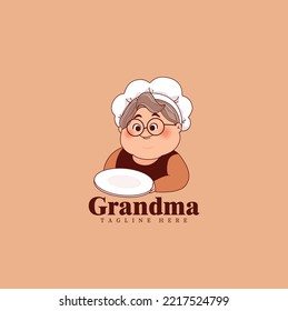 Grandma chef hold empty plate logo for bakery, restaurant and homemade culinary logo