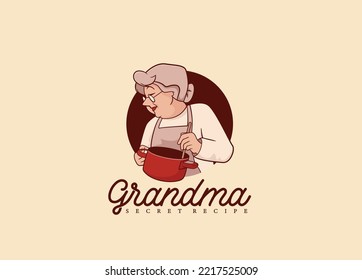 Grandma chef hold hot pot logo for restaurant and homemade culinary logo