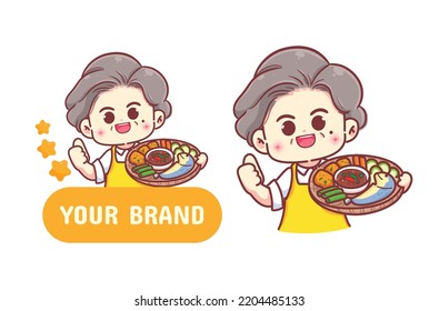 Grandma or chef holding Fried mackerel with shrimp paste sauce and vegetable set restaurant food logo hand drawn cartoon illustration