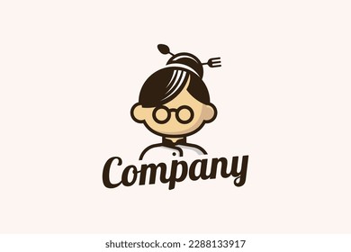 grandma chef logo with a combination of a grandma chef with a fork and spoon in her hair.