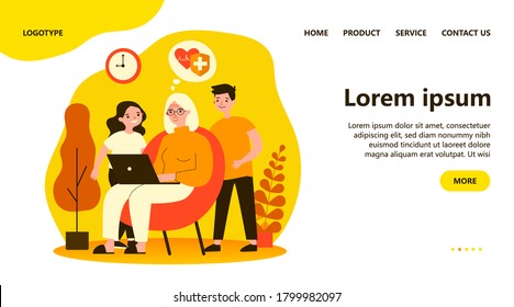 Grandma And Children Reading Data On Cardiology. Woman Sitting In Armchair, Using Computer Flat Vector Illustration. Technology And Health Concept For Banner, Website Design Or Landing Web Page