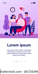 Abuela e hijos leyendo datos sobre cardiología. Mujer sentada en sillón, usando ilustración vectorial plana de computadora. Concepto de tecnología y salud para banner, diseño de sitios web o página web de aterrizaje
