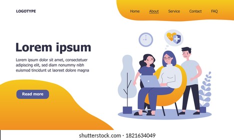 Grandma and children reading data on cardiology. Woman sitting in armchair, using computer flat vector illustration. Technology and health concept for banner, website design or landing web page