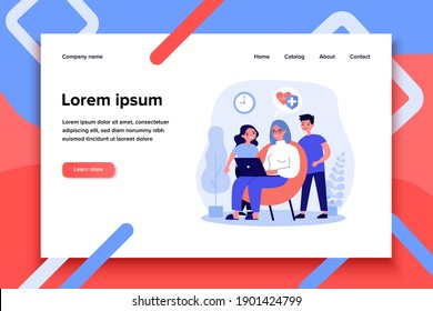 Abuela e hijos leyendo datos sobre cardiología. Mujer sentada en sillón, usando ilustración vectorial plana de computadora. Concepto de tecnología y salud para banner, diseño de sitios web o página web de aterrizaje
