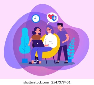 Grandma and children reading data on cardiology. Woman sitting in armchair, using computer flat vector illustration. Technology and health concept for banner, website design or landing web page