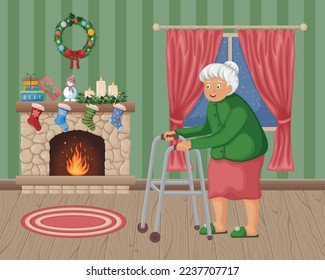 Grandma in the Christmas interior. A sweet old lady is standing near the fireplace decorated with Christmas accessories. An elderly woman in the room. Vector illustration