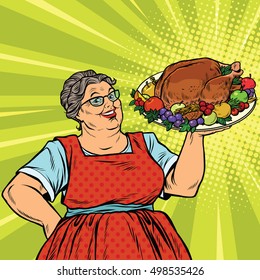 Grandma With A Christmas Or Thanksgiving Roast Turkey, Pop Art Retro Vector Illustration. Holiday Menu. Homemade Family Dinner