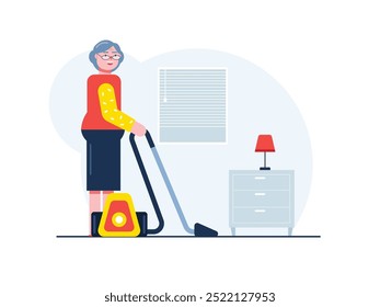 Grandma is cleaning the house with vacuum cleaner, stay safe hygiene. Character design. Vector flat illustration