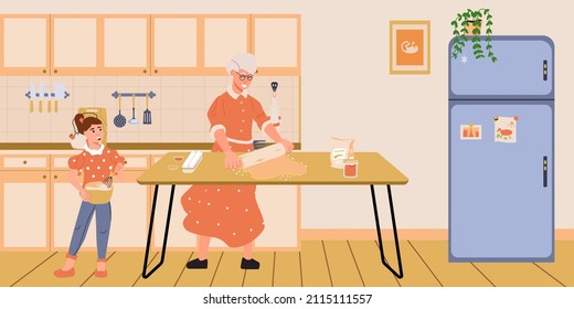 Grandma cooking with her granddaughter. Old woman teaching to cook her grandkid. Seniors with their family. Kids and old people cooking, making pie or cookies. Cartoon vector illustration.