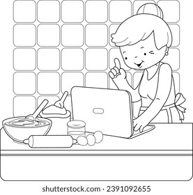 Grandma cooking and looking at recipes on the internet. Cooking woman at the bakery. Vector black and white coloring page.