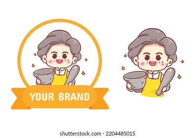 Grandma cooking with mortar restaurant food logo hand drawn cartoon illustration