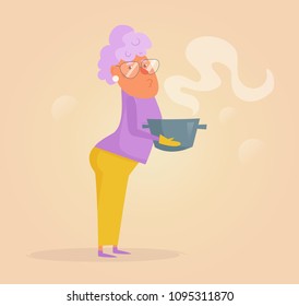 Grandma Is Cooking Soup In The Pan Vector. Cartoon. Isolated Art On White Background. Flat